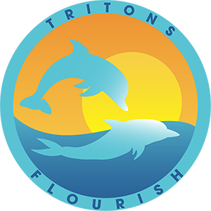 Tritons Flourish - Two dolphins swimming in front of a sunset
